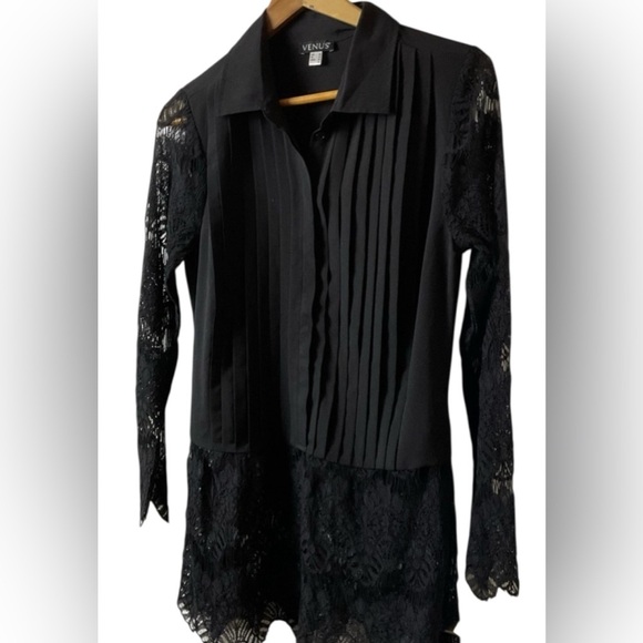 VENUS Black Lace Blouse with Pleated Front - Picture 1 of 11